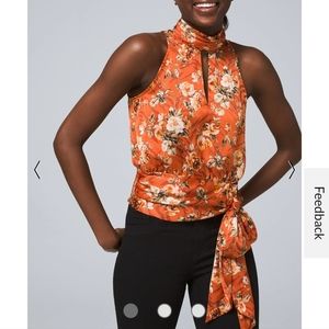 White House Black Market FLORAL-PRINT TIE-WAIST HALTER TOP